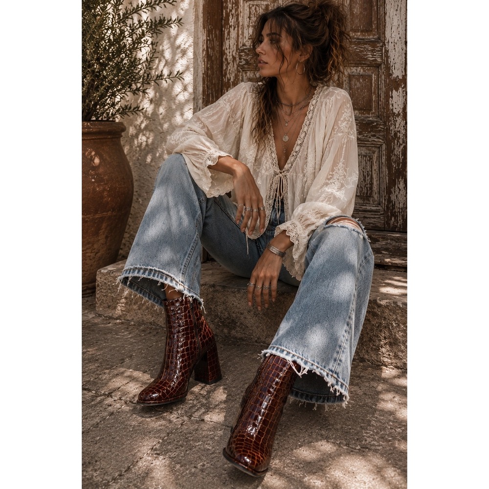 Topshop Brown Croc Embossed Patent Leather Block Heel Square Toe Ankle Boots 37